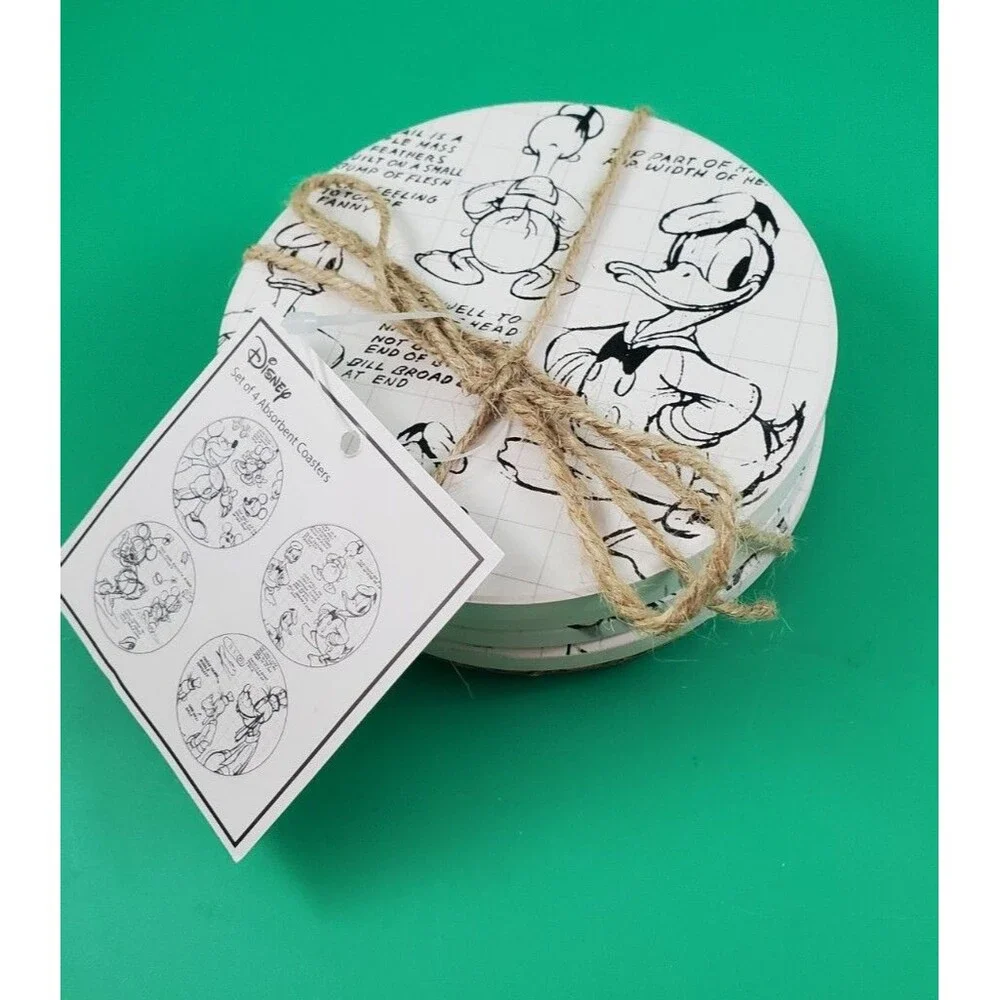 4 Disney Ceramic Drink Coasters Mickey Mouse & Friends Sketchbook Round Donald